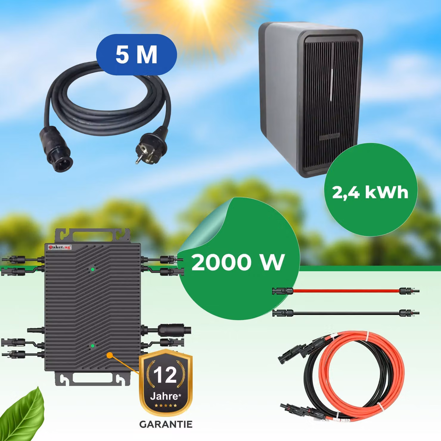 Marstek B2500-D 2,24 kWh accumulatore di corrente da balcone + inverter HSEU-2000D WiFi (può essere regolato a 600 W) con cavo da 5 m, espandibile a 6,72 kWh