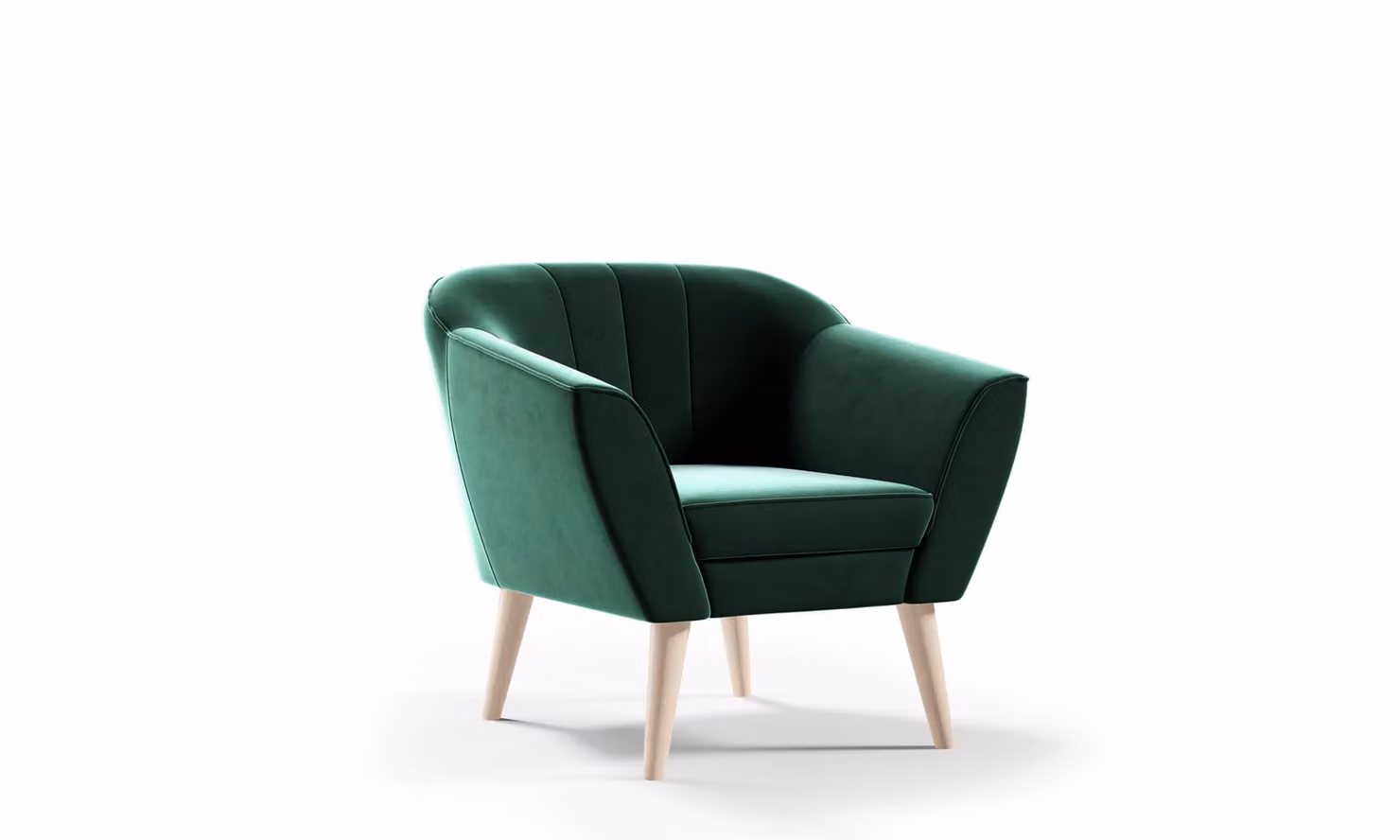 GUTTO LINE Poltrona Poltrona imbottita Velluto verde Poltrona TV Poltrona reclinabile Poltrona scandinava Gambe in legno Gambe alte Trapuntatura
