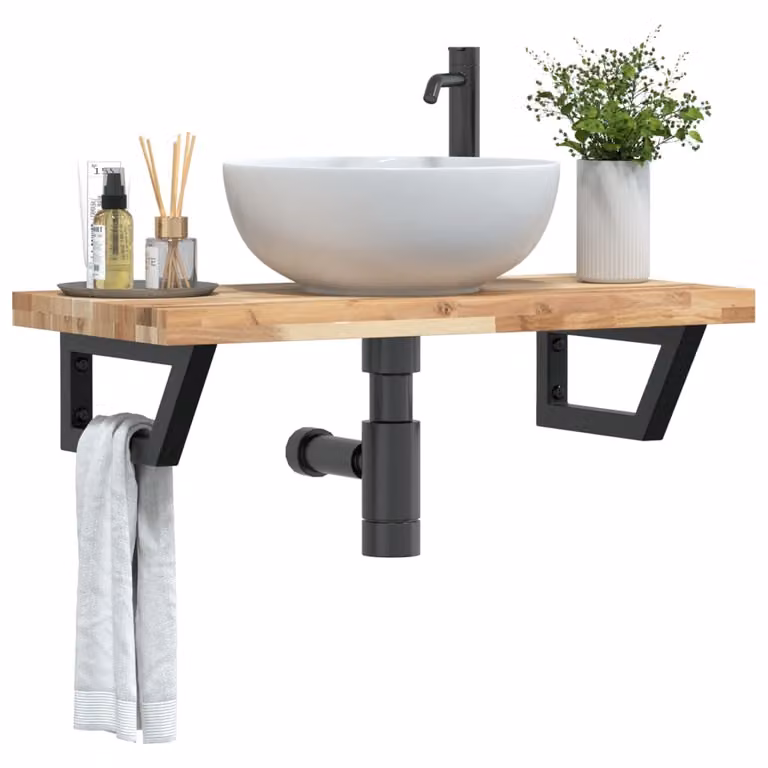 vidaXL Ripiano a Parete per Lavabo in Accacia e Acciaio, Nero e Marrone, L: 40 cm, P: 19 cm, H: 40 cm