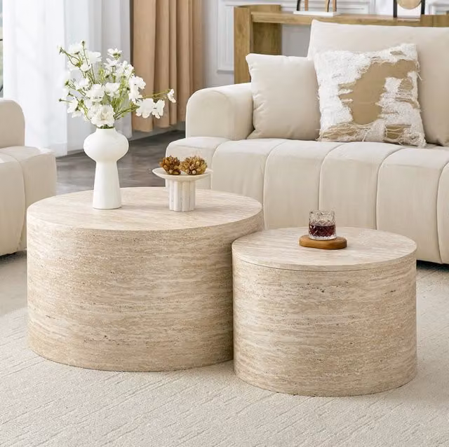 Set 2 tavolini da salotto rotondi ULEVR 62,8 e 44 cm con vano interno e coperchio rimovibile, effetto legno