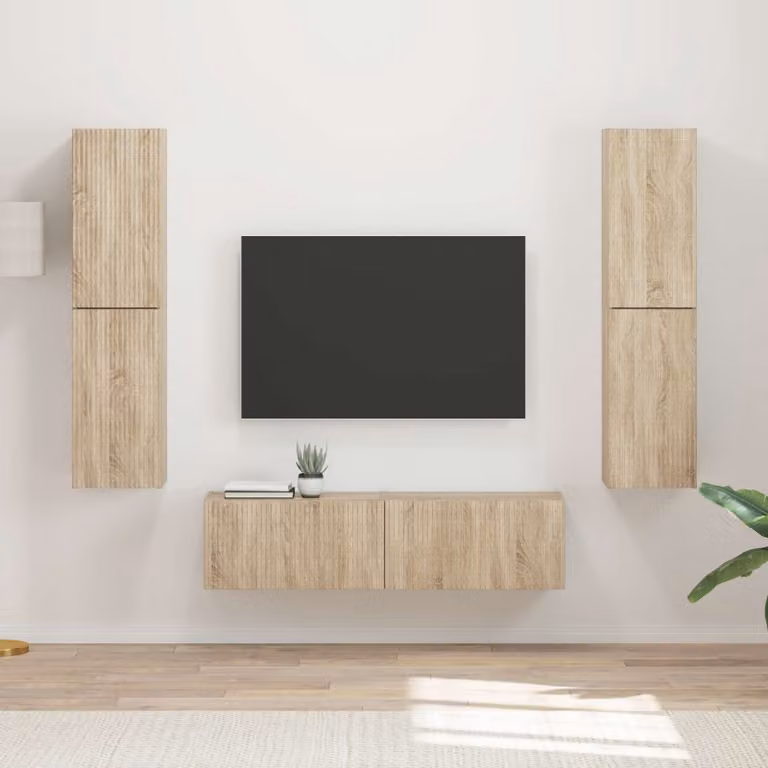 Set mobile TV moderno vidaXL in legno 6 pezzi colore Rovere con illuminazione integrata per soggiorno o camera da letto