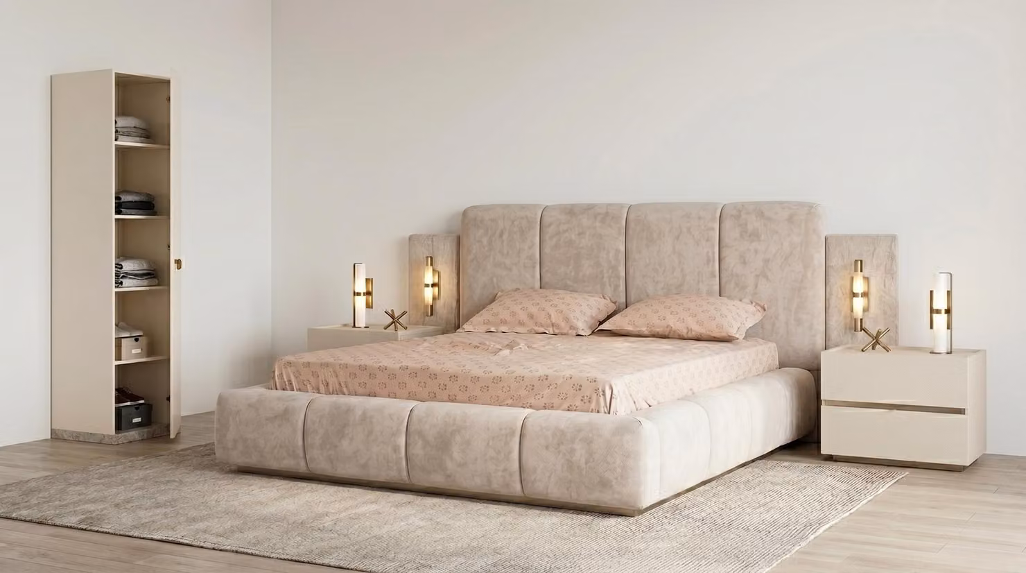 Set per camera da letto moderno: letto beige, comodini, armadio. Design elegante e confortevole