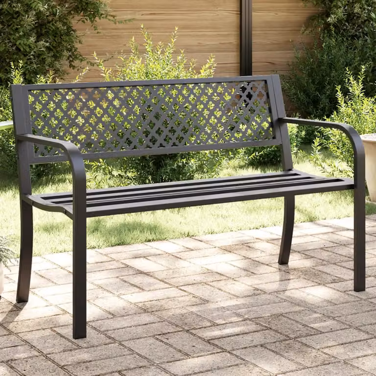Panchina da giardino vidaXL in acciaio nero con braccioli e finitura opaca L: 119 cm