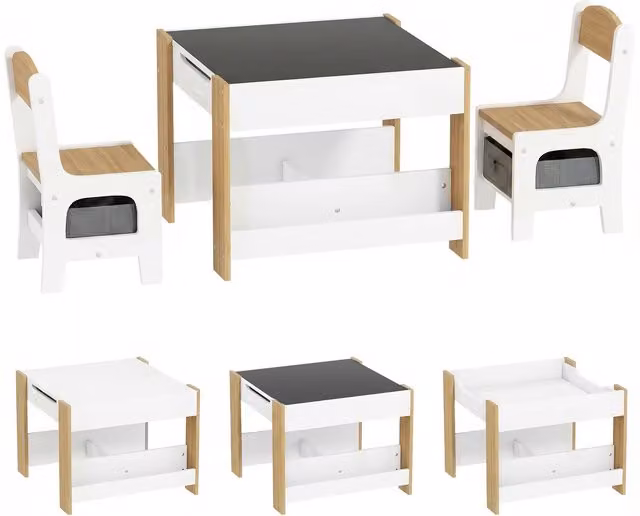 Set Tavolo per Bambini HOMCOM 3 in 1 con 2 Sedie, Lavagna e Libreria, Colore Naturale