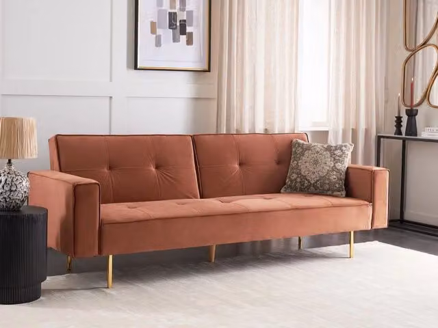 Divano letto Beliani moderno in velluto marrone dorato con struttura in legno e meccanismo click-clack L: 218 cm, P: 81 cm, H: 80 cm