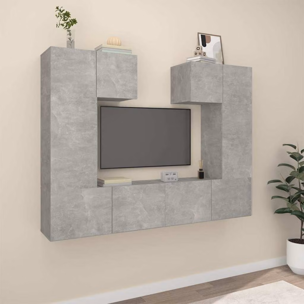 Set di Mobili Porta TV Moderno vidaXL da 6 Pezzi Grigio in Legno e MDF, da Appendere alla Parete