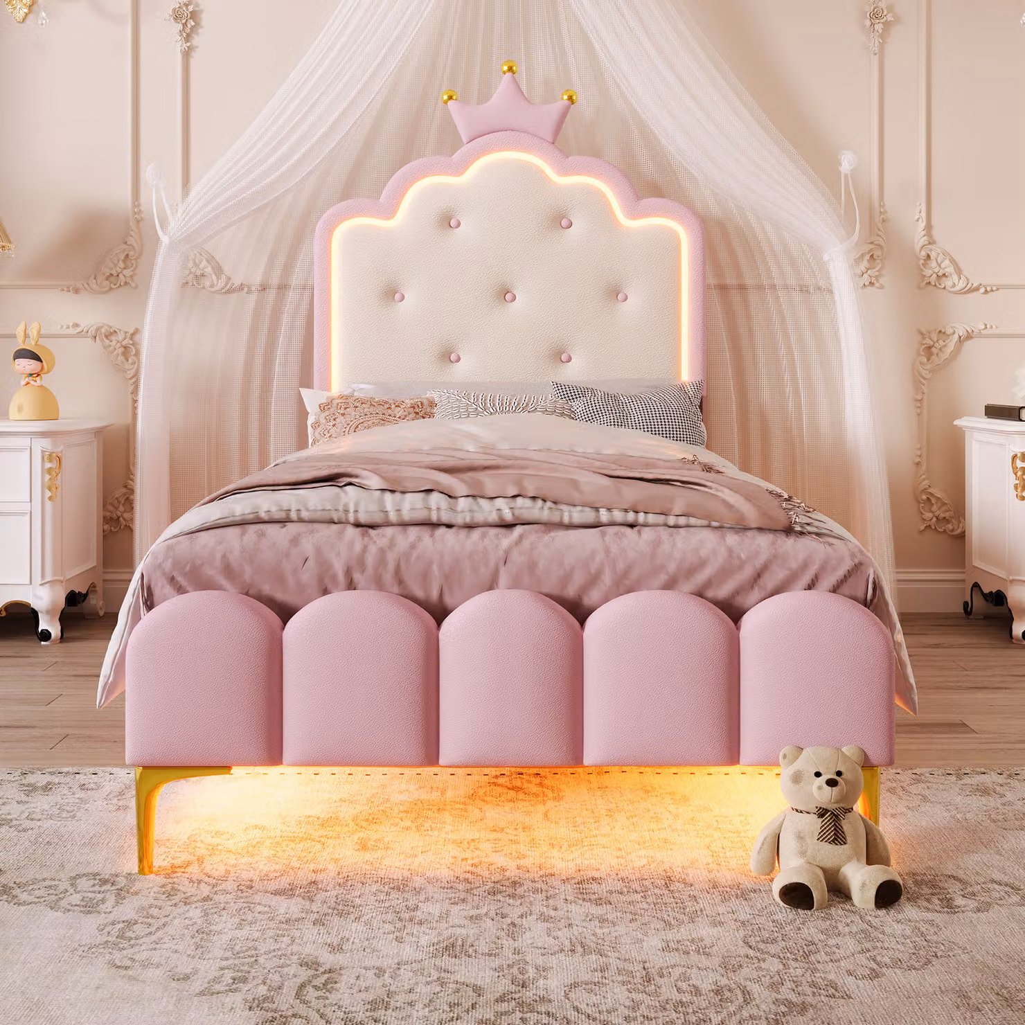 Letto imbottito Flieks 90x200cm con testata a forma di , letto per bambini letto per ragazzi con LED, letto classico letto singolo con rete a doghe, PU, rosa