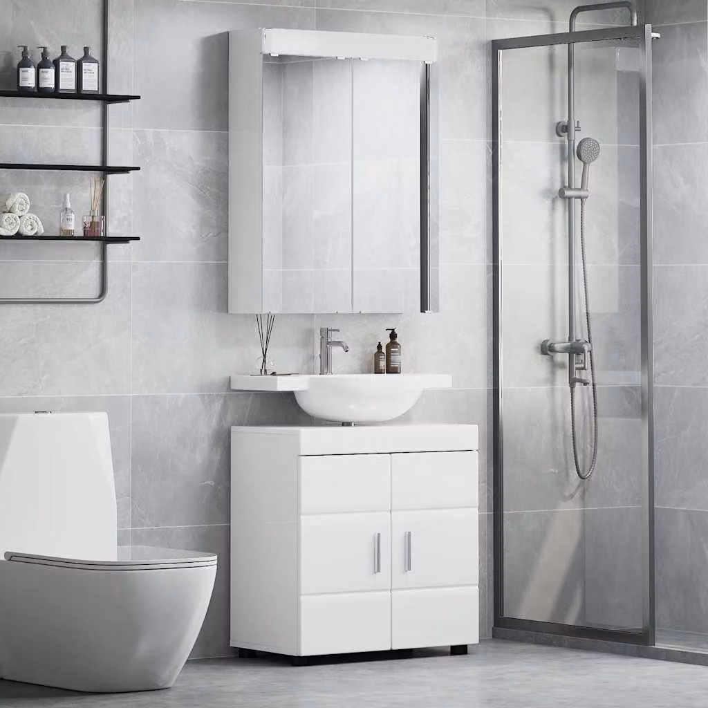 Set di mobili per il bagno vidaXL composto da mobile lavabo e armadietto con specchio Bianco e Argento con finitura opaca – 1