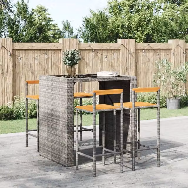 Set di 4 sgabelli da bar vidaXL in polyrattan e legno di acacia grigi