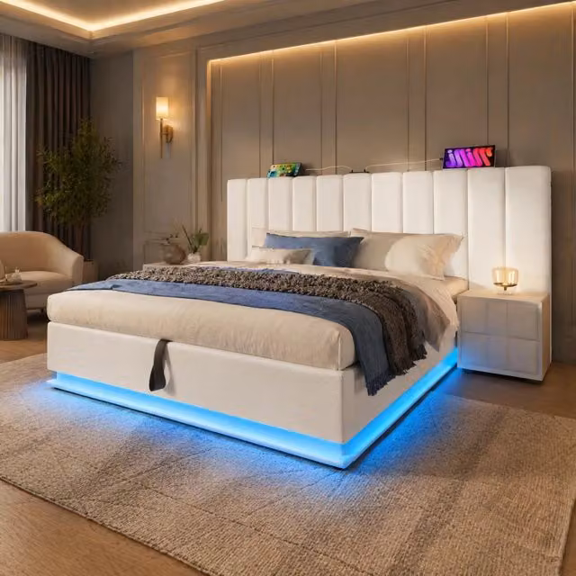 Letto matrimoniale contenitore ULEVR 180x200 cm con LED, 3 USB e USB-C da 20 W, rivestimento in PU bianco