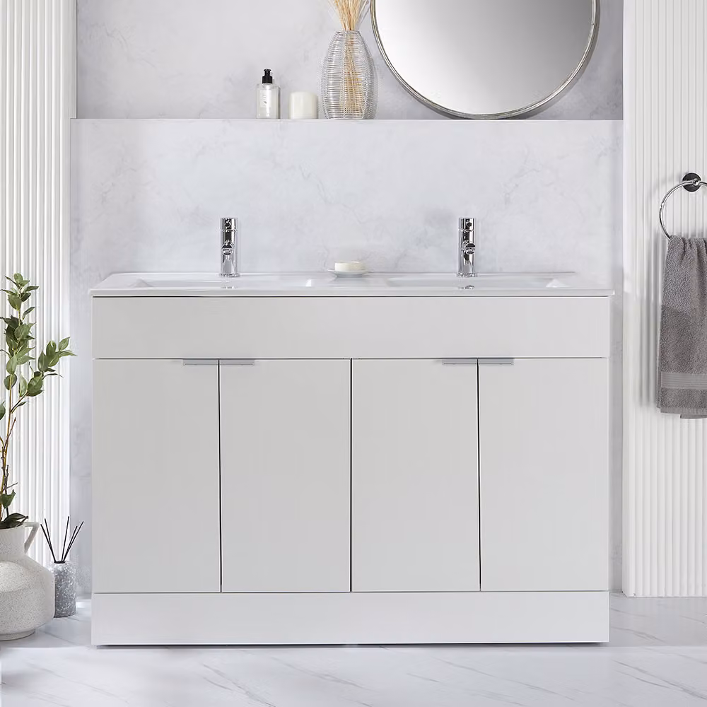 Mobile Bagno a Terra Bianco da 1210mm con Doppio Lavabo e Maniglie con Impugnatura a Dito Cromate - Cluo