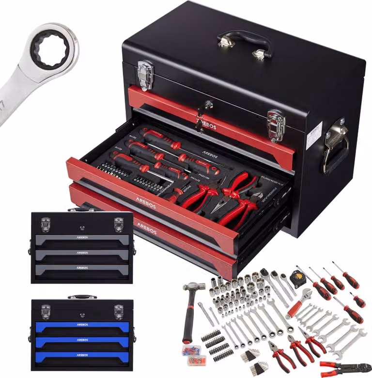 Valigetta portautensili AREBOS da 172 pezzi | set di chiavi a bussola | 3 cassetti rosso/nero