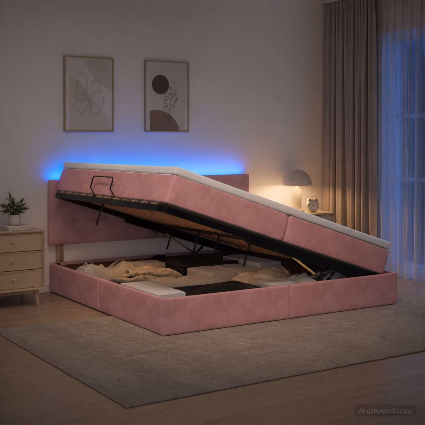 Letto con contenitore e illuminazione LED vidaXL in velluto rosa con materasso, L/P: 200 x 200 cm