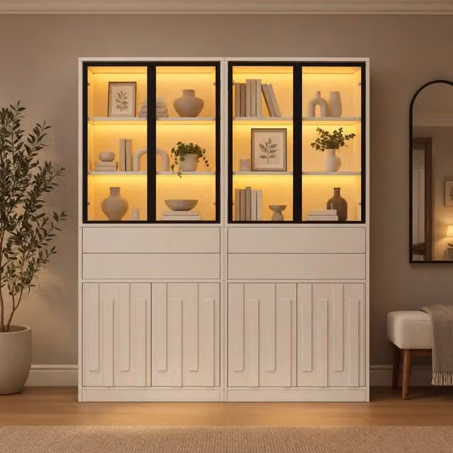 Vetrina doppia con 4 ante 2 cassetti e LED Bluetooth regolabile per soggiorno in truciolare bianco 140 × 34 × 180 cm