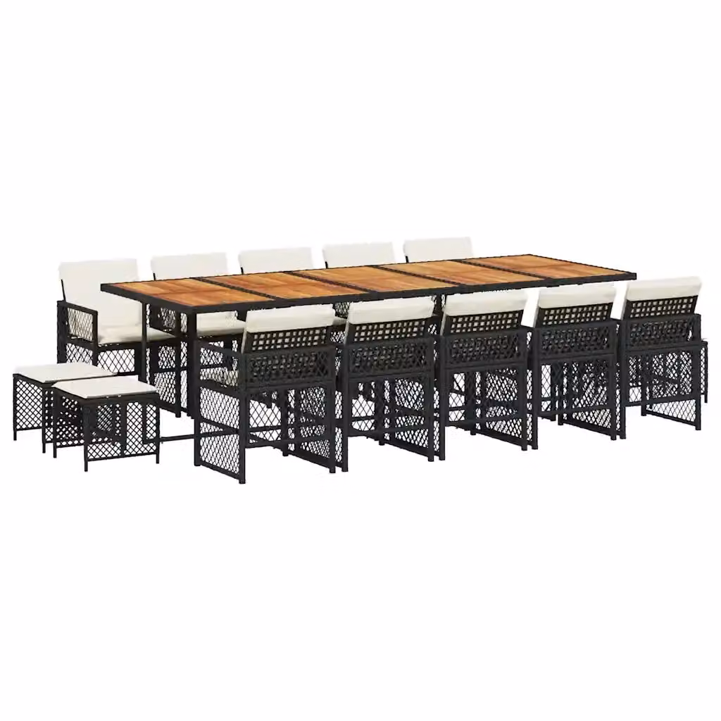 vidaXL Set da Pranzo da Giardino 15 pz in Polyrattan con Cuscini e Tavolo in Legno di Acacia Nero e Bianco – 2