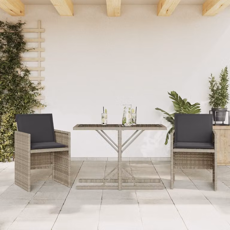 Set da Bistrò vidaXL in Polyrattan con Cuscini Grigio Chiaro e Piano in Vetro per Giardino e Terrazzo