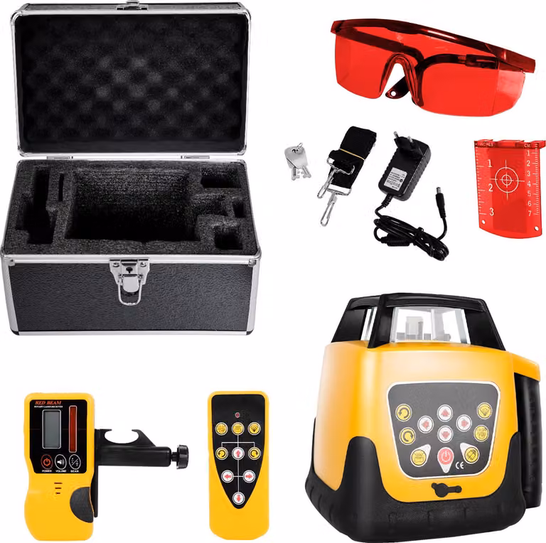 SucceBuy dispositivo laser rotante di livellamento con raggio rosso, 300 m di portata, inclinazione regolabile, rotazione di 360°, funzione di autolivellamento, angolo di scansione variabile, incluso telecomando, ricevitore e borsa di trasporto