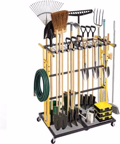 Organizzatore per attrezzi da giardino VEVOR con ruote, scaffale metallico in acciaio nero e giallo per garage e attrezzi agricoli a manico lungo