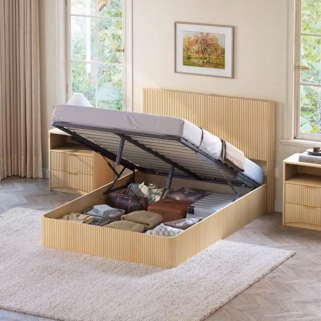 Letto contenitore Mivray con sollevamento idraulico e rete a doghe in legno, struttura in MDF e metallo, colore beige, L/P: 140 x 200 cm