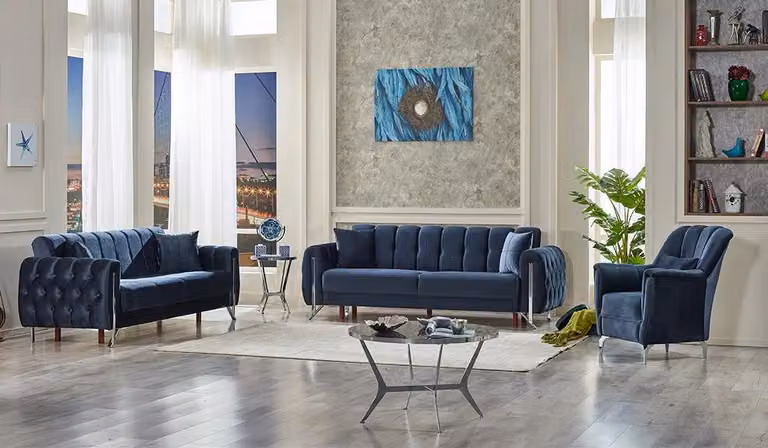 Blau Sofa Komplett 3+3+1 Sitzer PolsterWohnzimmer Polstermöbel Textil
