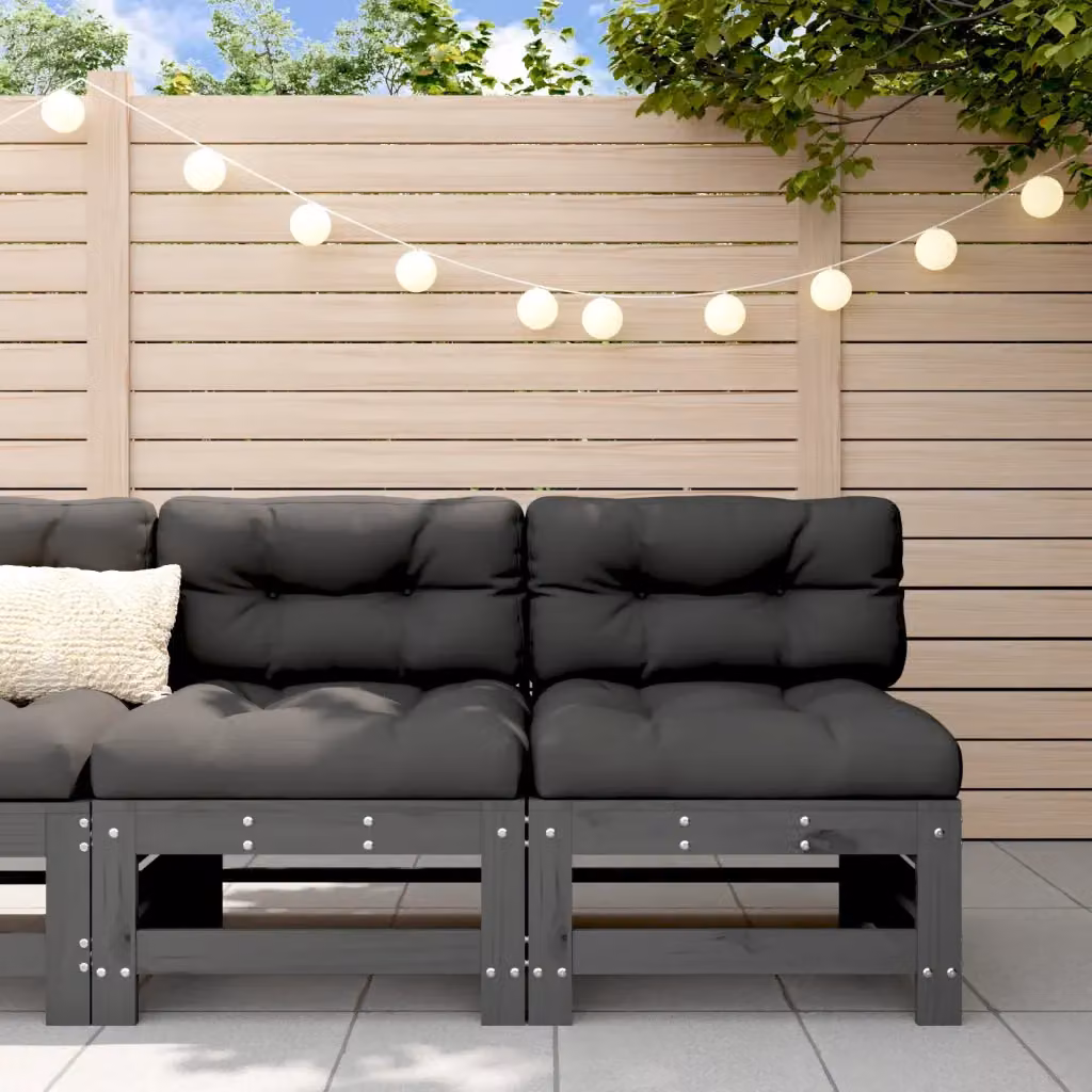 Set di 2 divani centrali con cuscini vidaXL in legno massello di pino, colore grigio e nero