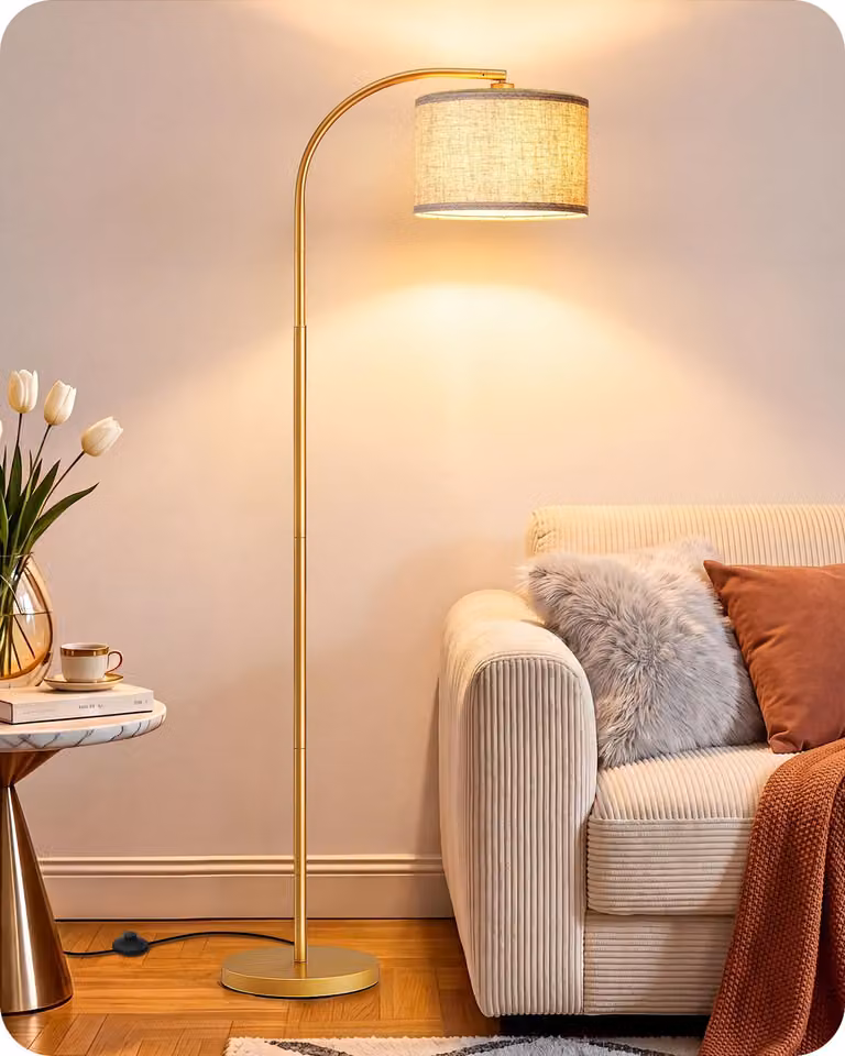 Lampada da terra per soggiorno, con testa regolabile, lampada ad arco a LED con paralume in lino beige
