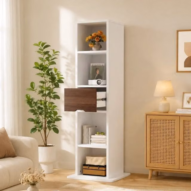 Vetrina girevole con specchio a figura intera 4 vani aperti e cassetto in MDF bianco 45 × 45 × 168 cm