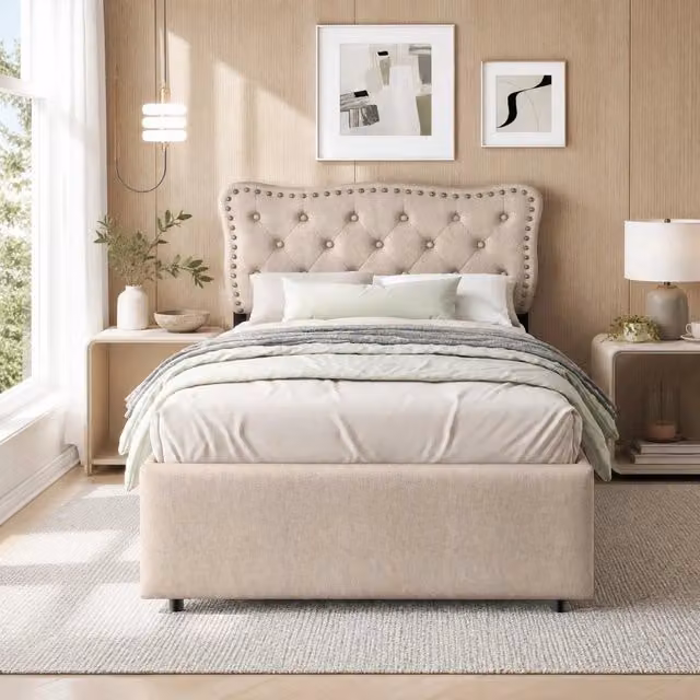 Letto singolo imbottito ULEVR 90x200 cm con 2 cassetti, testiera regolabile e rivestimento in lino beige scuro
