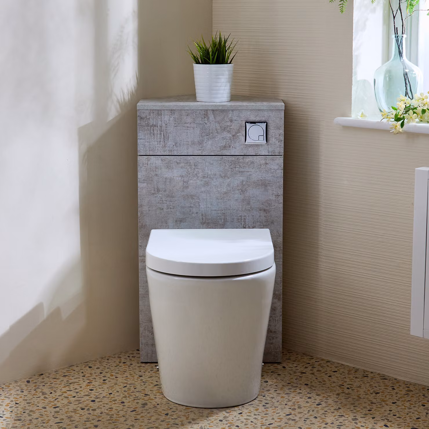Unità WC Angolare per WC in Grigio Cemento con Sanitario Alswear - con Pulsante di Scarico Cromato - Cluo