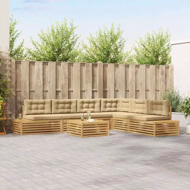 Set da giardino moderno vidaXL composto da divano a 2 posti, elemento angolare, tavolino da caffè e pouf in legno di acacia con cuscini in poliestere beige e bianco
