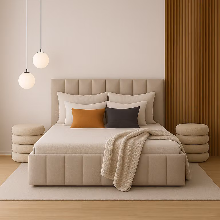 Letto imbottito 90x200, rivestito in tessuto beige effetto boucle, con struttura in legno a listelli e spazio contenitore
