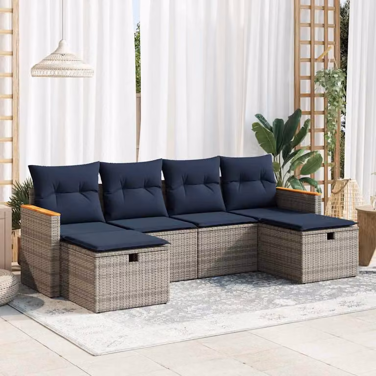 Set Divano da Giardino a L vidaXL in Polyrattan con 6 Cuscini Grigio e Blu e Struttura in Acciaio