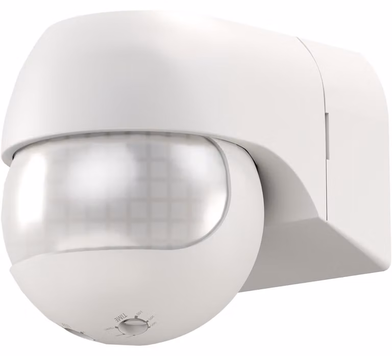 Rilevatore di movimento, orientabile in inclinazione e rotazione, bianco, per montaggio a vista a parete, campo di rilevamento di 180°, portata di 12 m, per esterni (IP44), compatibile con LED