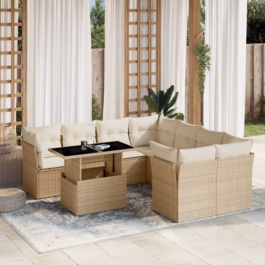 vidaXL Set Divano da Giardino a L 9 pz con Cuscini Beige e Tavolino in Polyrattan e Acciaio – 1