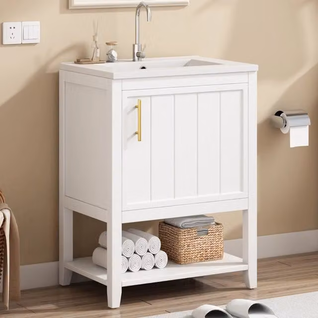 Mobile bagno con lavabo singolo, sottolavabo 60 cm in ceramica, con ripiano, bianco
