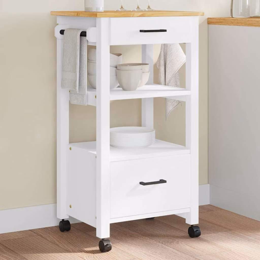 vidaXL Carrello da Cucina MONZA in Legno di Pino e Metallo, Bianco, L/P/H: 48 x 40 x 88,5 cm