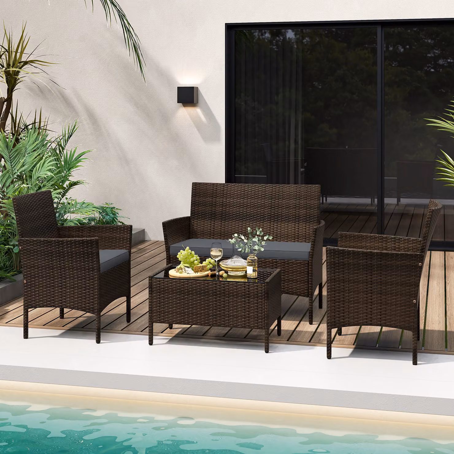 Set da conversazione modulare Costway in rattan e metallo con cuscini morbidi per giardino e veranda, 4 pezzi, Grigio