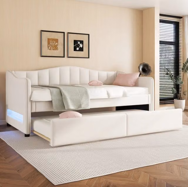 Letto 90x200 cm beige – con letto estraibile LED, senza materasso