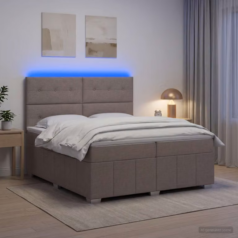 Letto Box Spring vidaXL con Materasso a Molle Insacchettate e Illuminazione LED, Colore Tortora, L/P: 200 x 200 cm