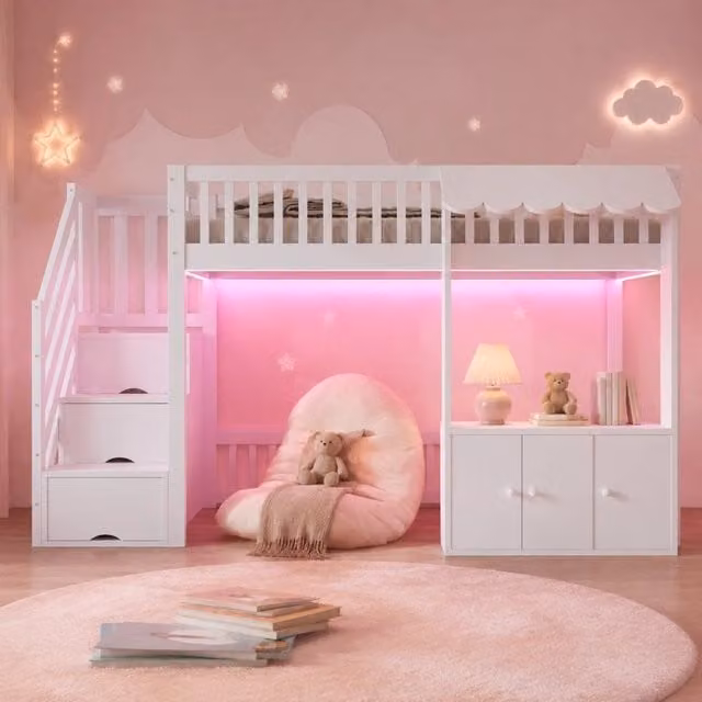 Letto a soppalco singolo 90 × 200 cm con scala a 3 vani, armadio, luci LED multicolore, senza materasso, bianco