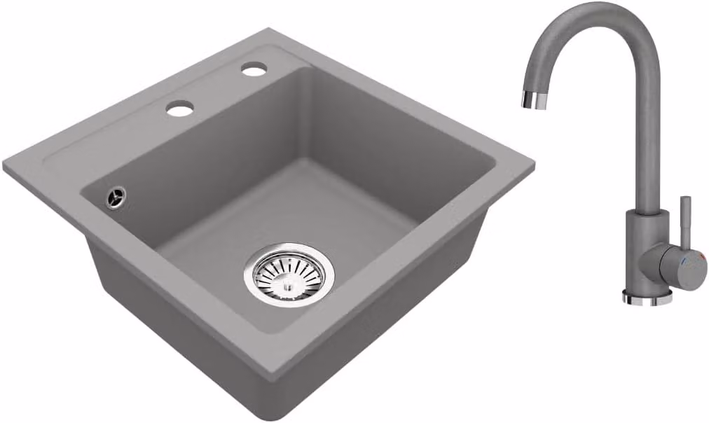 VBChome Lavello in granito 44 x 44 cm Grigio con rubinetteria Vasca singola Lavello da incasso Maculato Lavello di facile manutenzione con sifone Ideale per cucine piccole