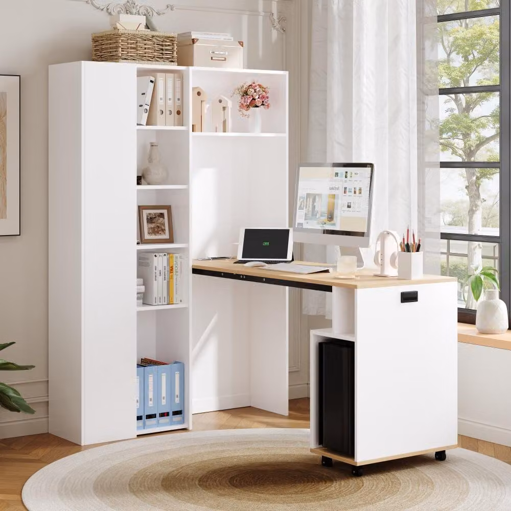 Scrivania pieghevole 2-in-1 - Bianca, in MDF - Mobile salvaspazio con presa USB