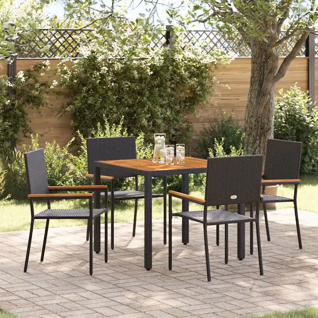 Set da pranzo per giardino e terrazzo vidaXL in polyrattan nero e marrone con tavolo in legno di acacia e 5 pezzi – 1