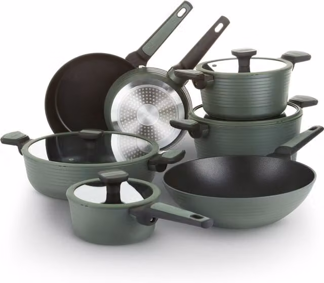 Set di pentole Kasanova da 11 pezzi con rivestimento antiaderente in alluminio e dettagli in silicone, colore verde – 1