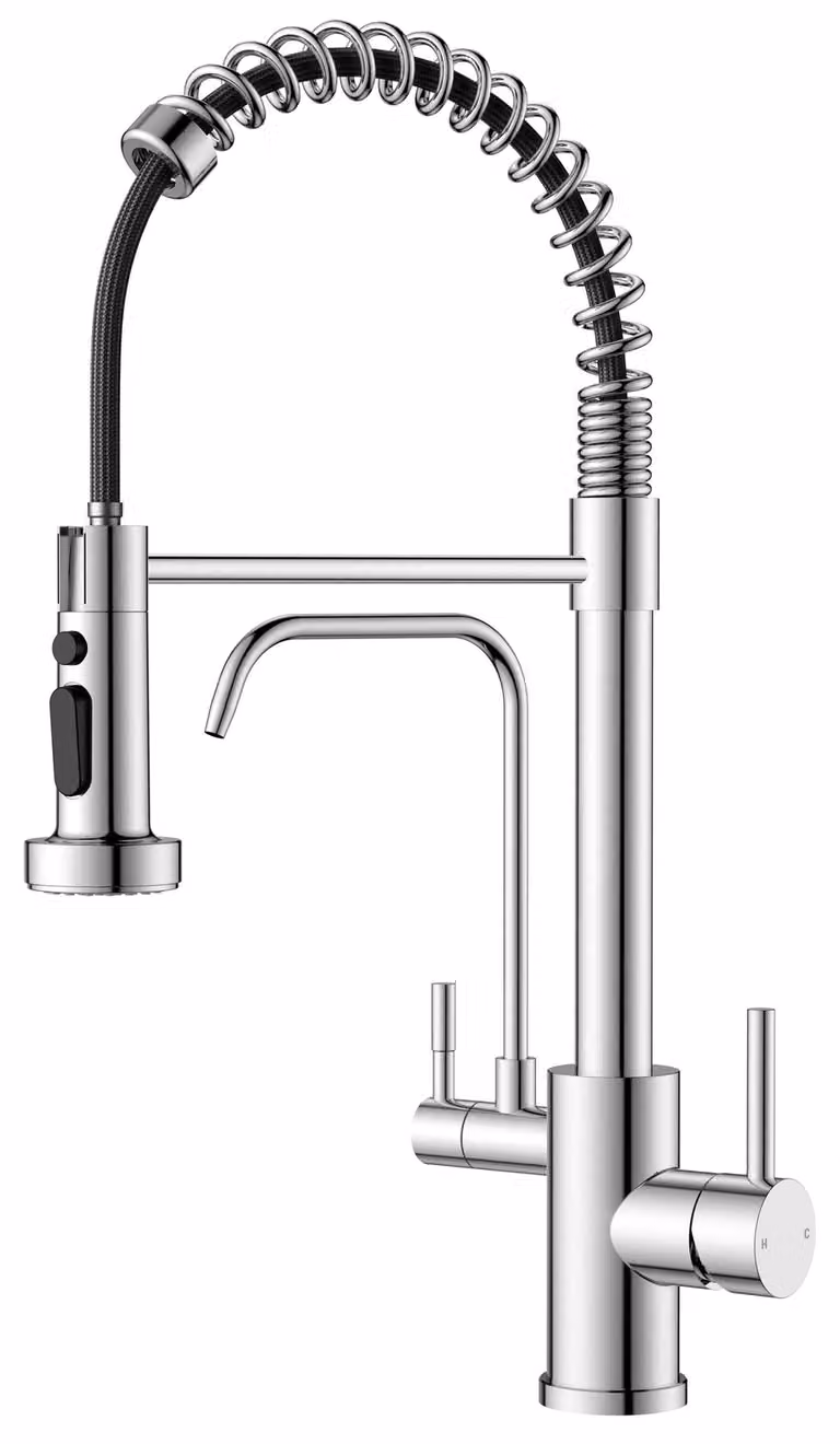 Miscelatore da cucina a tre vie con rubinetto per acqua potabile, 2 maniglie, girevole a 360°, cromato