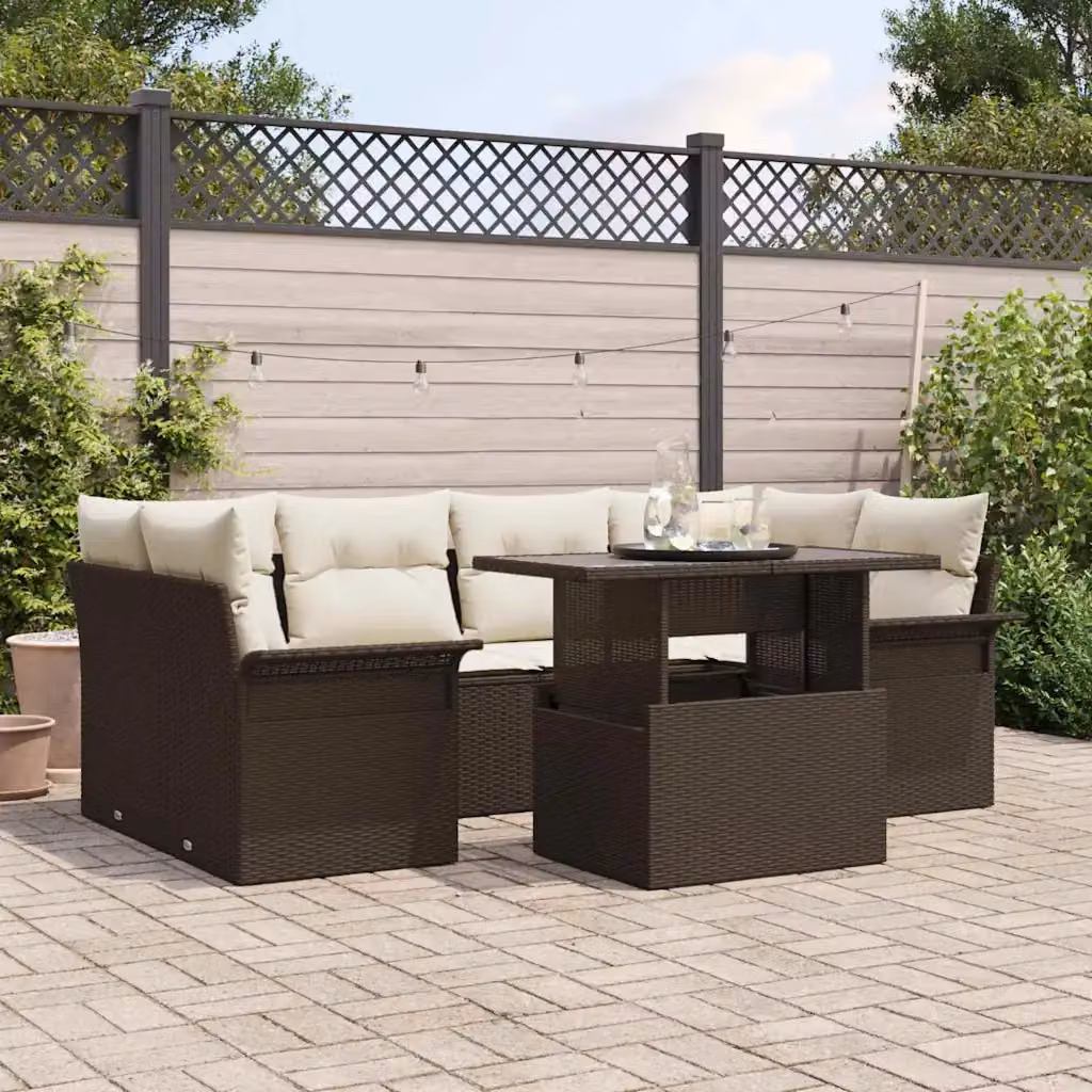 Set Divano da Giardino a L vidaXL in Polyrattan Marrone con Cuscini Beige e Tavolino da Esterno – 1