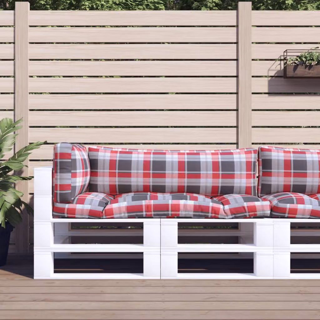 Set di 3 cuscini per pallet vidaXL in poliestere con motivo a quadri rossi e multicolore, resistenti all'acqua e ai raggi UV
