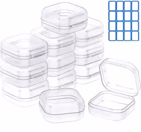 Set di 12 piccole scatole trasparenti con coperchio, dimensioni 3,5 x 3,5 x 1,8 cm, in polipropilene – ideali per perline, gioielli e piccoli oggetti