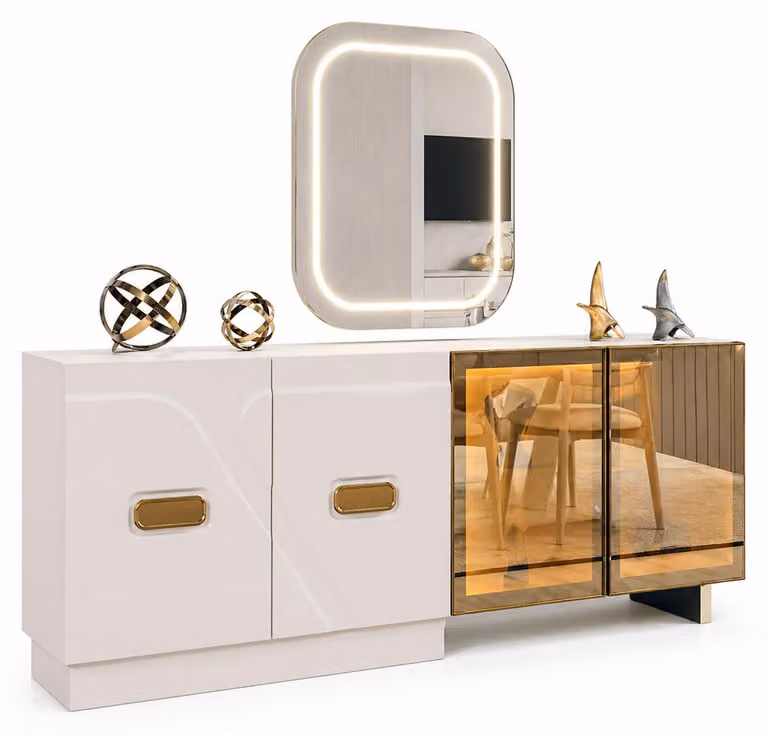 Credenza LED esclusiva, specchio di design, set moderno per il soggiorno