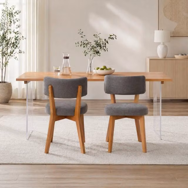 Set di 2 Sedie da Pranzo in Stile Mid-Century con Gambe in Legno Massello e Rivestimento in Tessuto Grigio